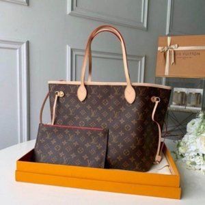 NWT LV Neverfull Mm Monogram Brown Leather Tote